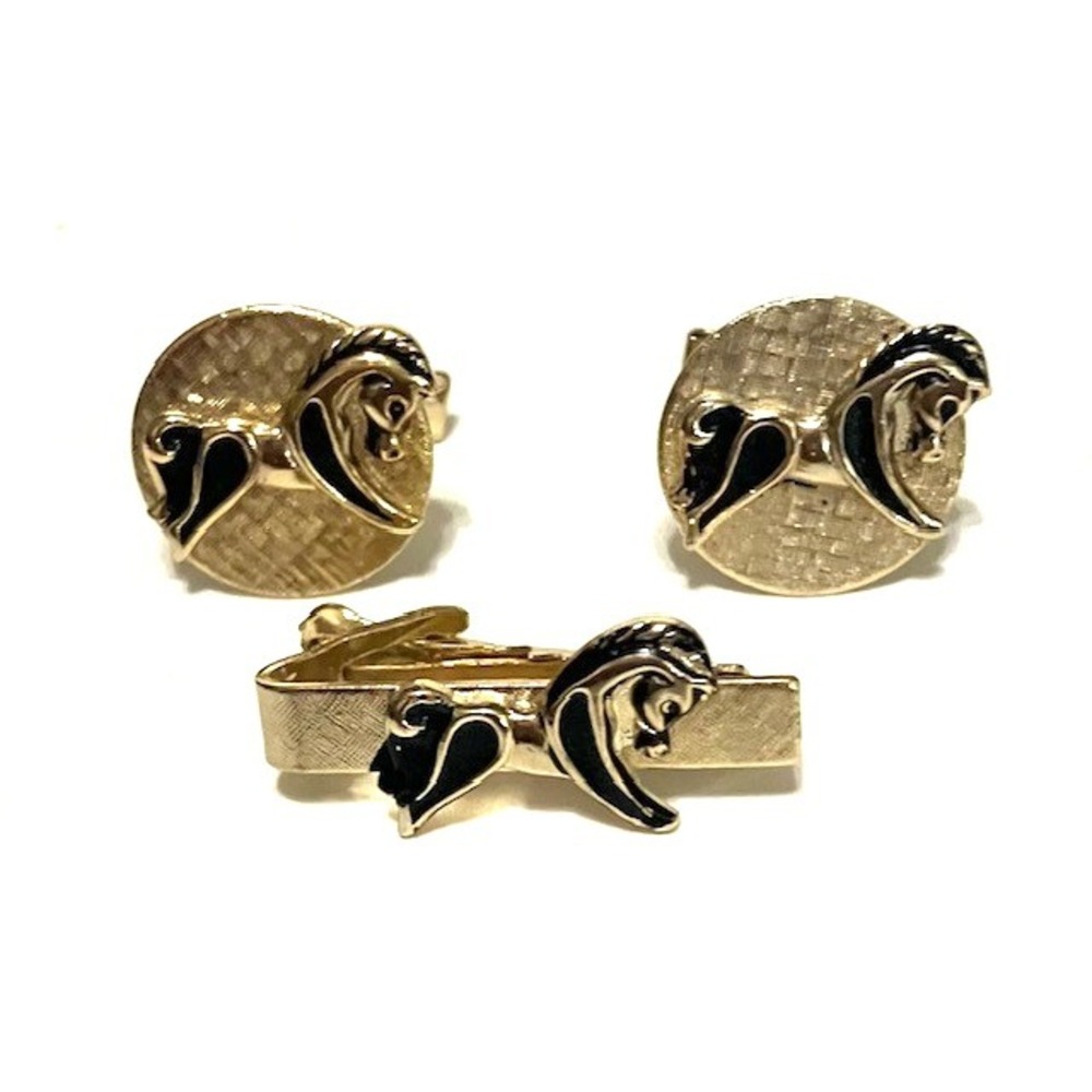 Vintage Cathe Men's Horse Cufflinks and Tie Bar Clasp